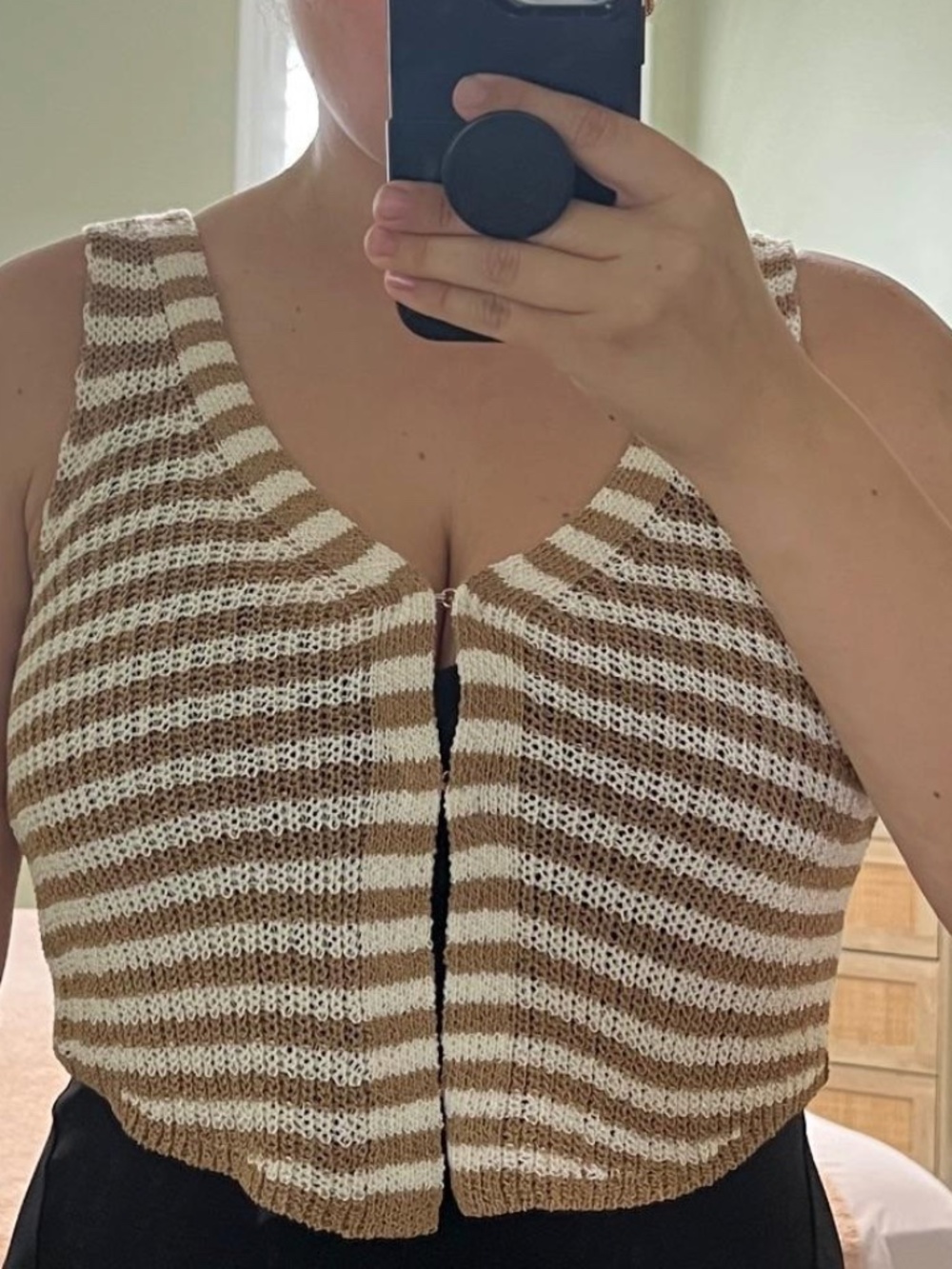 The Workshop Striped Knit Crochet Vest in brown and white horizontal stripe L